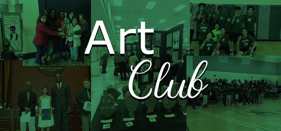Photo montage of student pictures with the title of Art Club in the forground